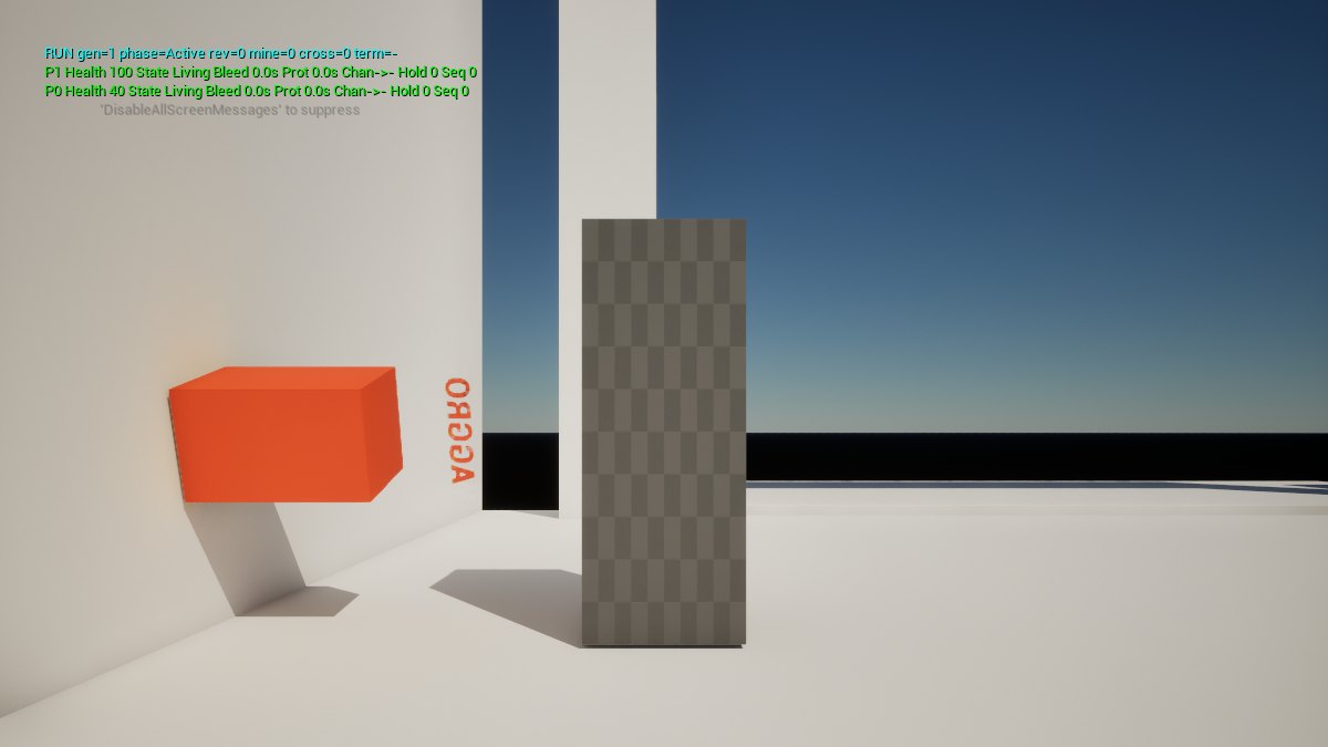 Packaged build, first-person view: an orange enemy block clings to a vertical wall, its AGGRO label rotated with it. A debug readout in the corner shows the host player's health at 40.