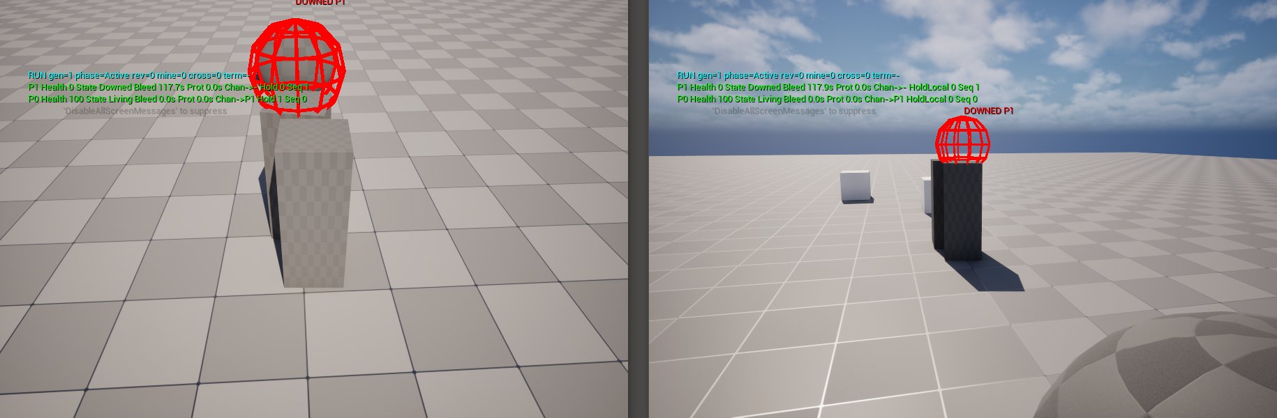 Two packaged game windows side by side. On the host (left) and the joined client (right), player 1 is shown as downed, with matching debug readouts of health, state, and bleed-out timer.